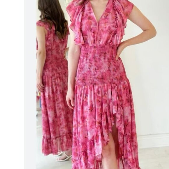 NEW MISA Los Angeles Pink Bo Ruffle Maxi Dress $460 - Picture 2 of 13